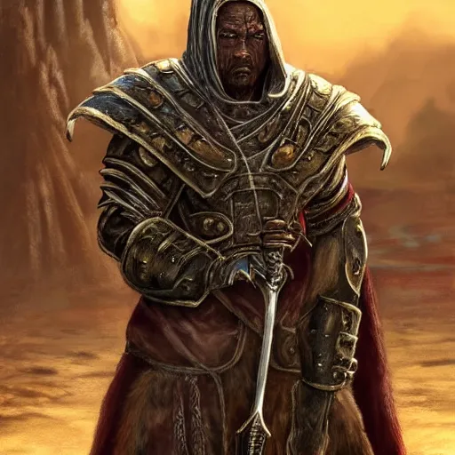 Image similar to unknown the elder scrolls vi hammerfall, battle hardened imposing male redguard character portrait partially clothed in hooded metal - plated exquisitely detailed hooded battle armour, desert, tropical jungle setting, atmospheric lighting, painted, intricate, volumetric lighting, beautiful, rich deep colours masterpiece, sharp focus, ultra detailed