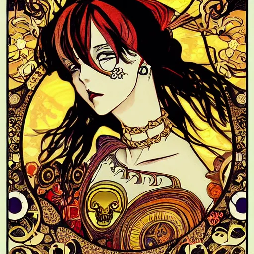 Image similar to anime manga skull portrait woman comic skeleton illustration style by Alphonse Mucha and Gustav Klimt pop art