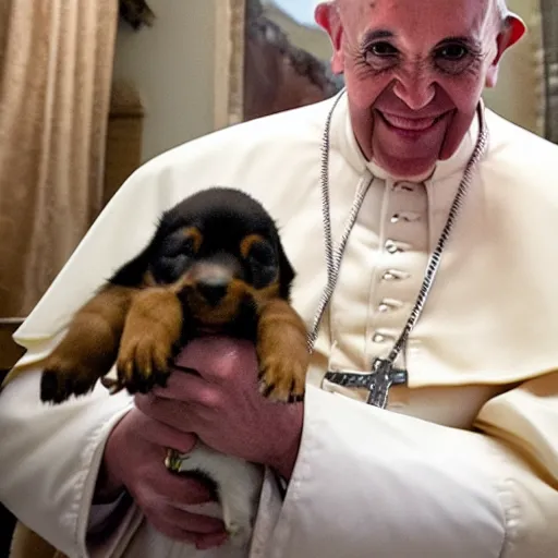 Prompt: 15mm wideshot photo of Pope holding a puppy