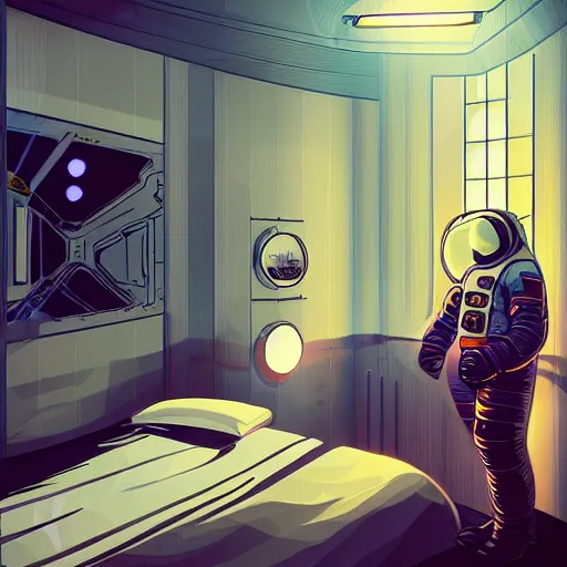 Prompt: astronaut sitting in a cheap hotel room, digital art, epic composition, highly detailed, cinematic lighting