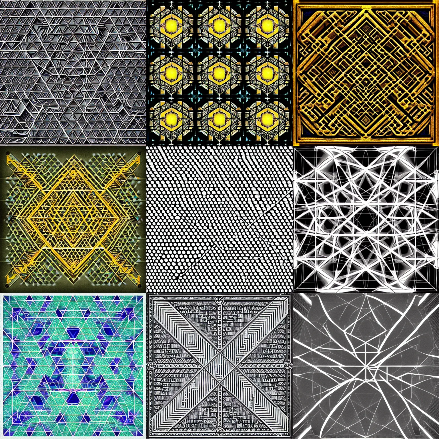 Prompt: “arrays of sacred geometry, parallel, macro, ultra detailed, 4k, isometric”