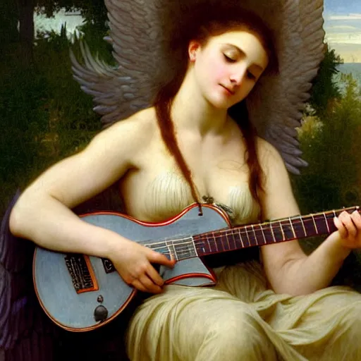 Prompt: an oil painting of an epic angel playing an electric guitar, by Bouguereau, highly detailed and intricate,