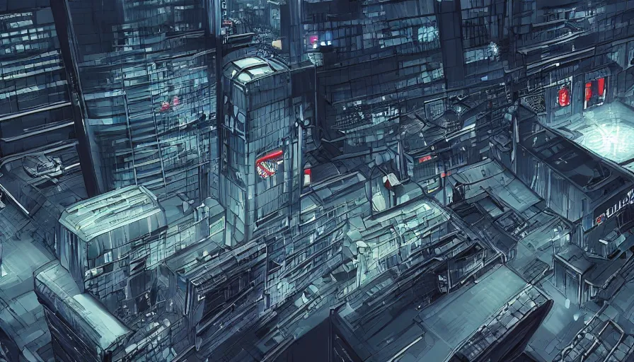 Prompt: Concept Art Illustration of neo-Tokyo Bank Headquarters, in the Style of Akira, Syndicate Corporation, Anime, Dystopian, Highly Detailed, Helipad, Special Forces Security, Blockchain Vault, Searchlights, Shipping Docks, For multiplayer Stealth fps bank robbery simulator, Akira Color Palette, Inspired by MGS2 + Ghost in the shell SAC + Cowboy Bebop :4 by Katsuhiro Otomo : 8