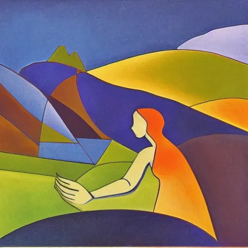 Image similar to woman woman as the natural landscape, her curves form the mountains and rivers of this land , high quality art in the style of cubism and georgia o’keefe,