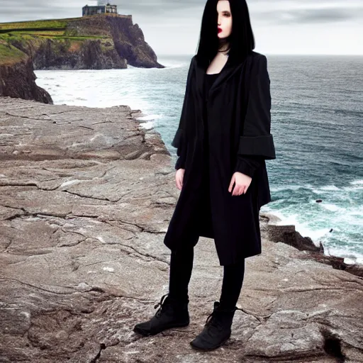 Prompt: 1 7 - year - old pale - skinned persian girl with black long bob cut, long hair, black gothic jacket, blue jeans, psychic girl, psychokinetic girl, standing on cliff along the irish coast, overcast gray skies, ultra - realistic, sharp details, subsurface scattering, intricate details, cold lighting, highly detailed, photorealistic, octane render, 8 k unreal engine