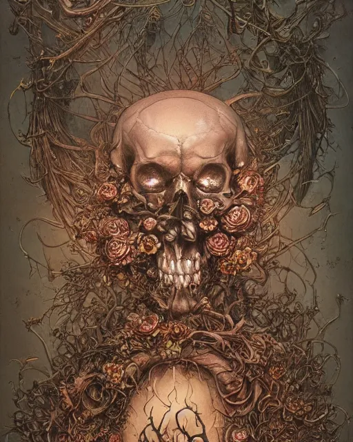 Image similar to a beautiful detailed front view of a dead rotten skull with ornate growing around, ornamentation, flowers, elegant, beautifully soft lit, by wayne barlowe, peter mohrbacher, kelly mckernan