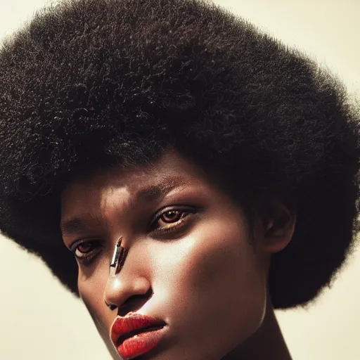 Prompt: close up of face of a black fashion model with large afro at the edge of active etna vulcan, official valentino editorial, highly detailed