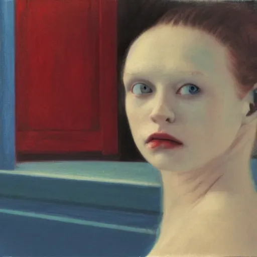 Image similar to close - up of an ivory young gir in a blue and red haunted liminal abandoned room, film still by edward hopper, by gottfried helnwein, by klimt, art noveau, highly detailed, strong lights, liminal, eerie, bright pastel colors,