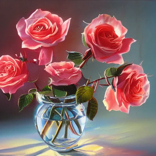 Prompt: oil painting of roses in cinematic light, strong shadows, dramatic setting and very very very very beautiful masterpiece, light reflection, light refraction, transparent glass