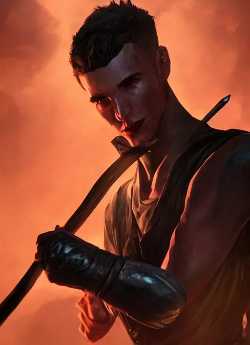 Image similar to an epic fantasy comic book style portrait painting of a skinny, lean and cruel man with a club, unreal 5, daz, hyperrealistic, octane render, cosplay, rpg portrait, dynamic lighting