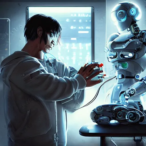 Image similar to cyberpunk robot repairing an android in a lab, concept art, fine details, Anime, cinematic lighting, ghost-in-the-shell,