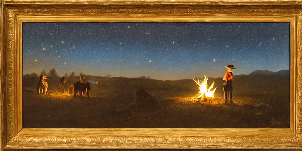 Prompt: in the old west, at a campfire at night, a young boy ( ( alone ) ) watches the stars and his horse grazes, in the style of fredrick remington, oil painting, warm color palate, astral