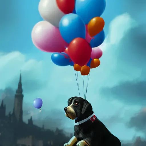 Image similar to puppy flying holding balloons, 8k, fantasy, cinematic lighting, highly detailed, digital painting, artstation, smooth, sharp focus, illustration, by Pixar