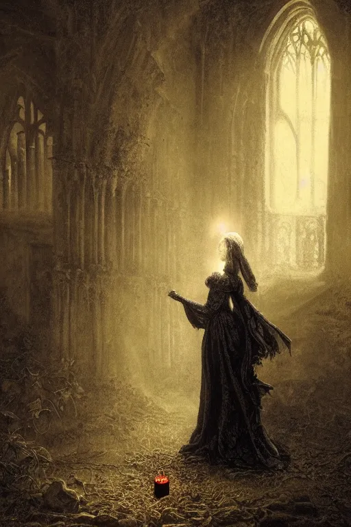 Image similar to baroque gothic woman, lit by a single candle, inside a ruined abbey, a crow stood nearby, cobwebs, dead leaves, gustave dore, 4 k resolution, concept art, mist, autumnal, chiaroscuro,