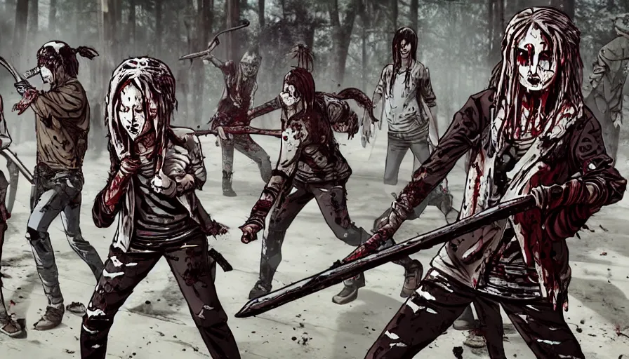 Image similar to full - body action shot of a well - armed female with tattered, blood - soaked clothing, using a sword to fight a horde of the walking dead, in the style of a highly - detailed anime characters