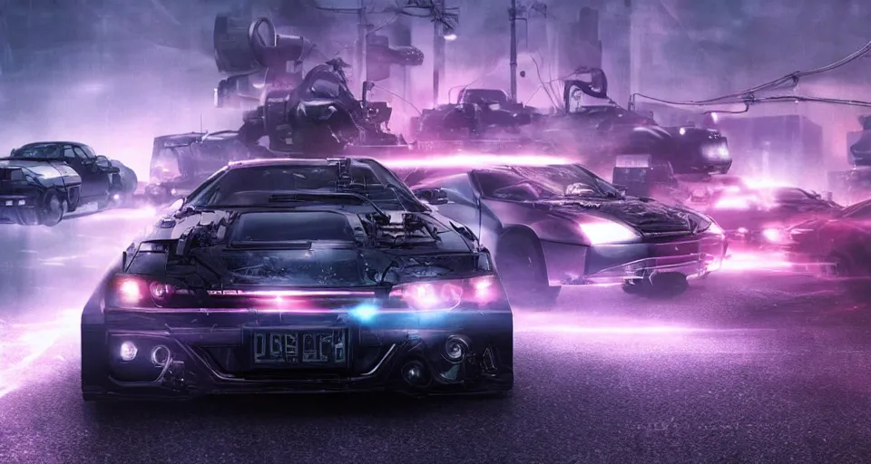 Image similar to movie still cyberdyne cars from terminator, dark cinematic lighting, smoke, atmospheric, purple lasers, low angle photography, beautiful, cyberpunk, artstation,