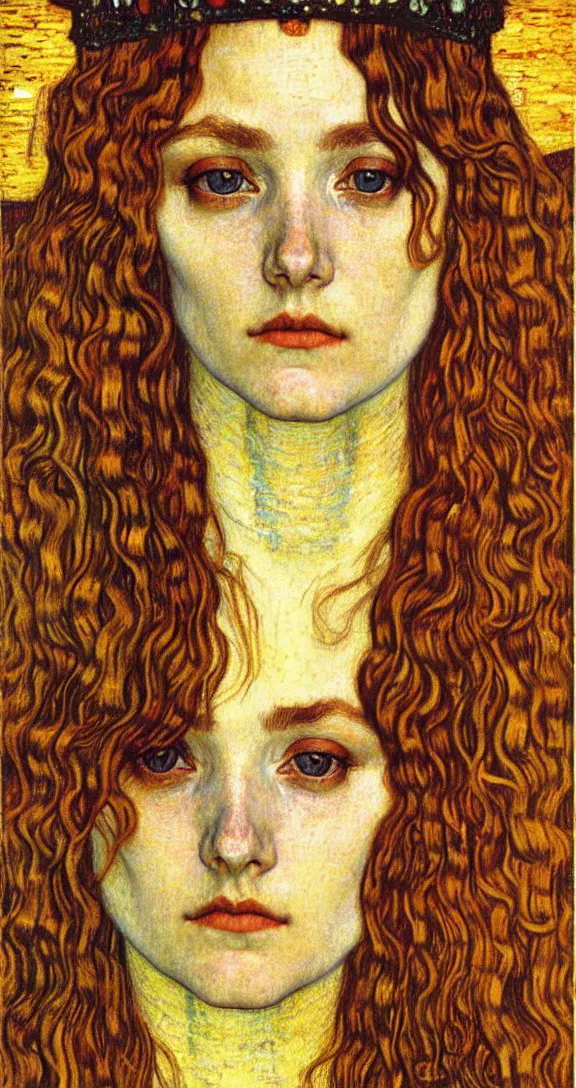 Image similar to detailed realistic beautiful young medieval queen face portrait by jean delville, gustav klimt and vincent van gogh, art nouveau, symbolist, visionary, gothic, pre - raphaelite, muted earthy colors, desaturated