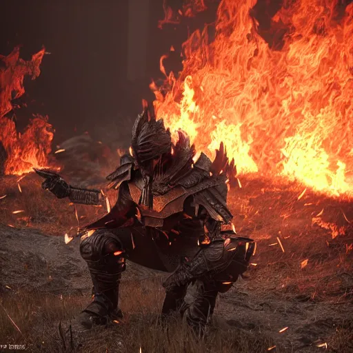 Image similar to hyperrealistic dslr film still of armor disguised as burning embers, in skyrim, stunning 8 k octane comprehensive 3 d render, inspired by istvan sandorfi & greg rutkowski & unreal engine, perfect symmetry, dim volumetric cinematic lighting, extremely hyper - detailed, extremely lifelike attributes & lifelike texture, intricate, masterpiece, artstation, stunning