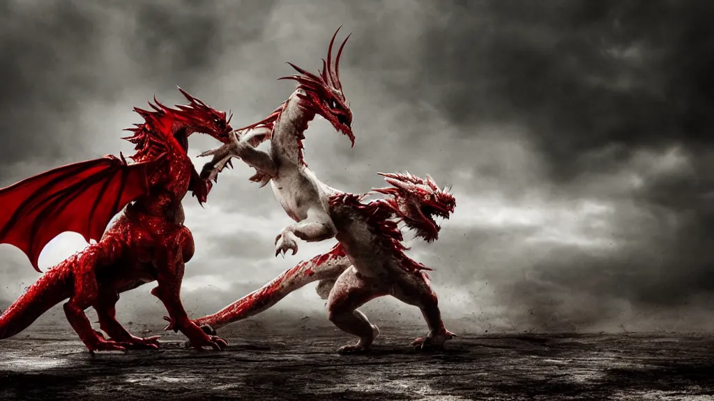 Prompt: a photorealistic dramatic fight - scene between a white and a red dragon, dramatic lighting, gritty, brutal, ultra realistic details, 8 k