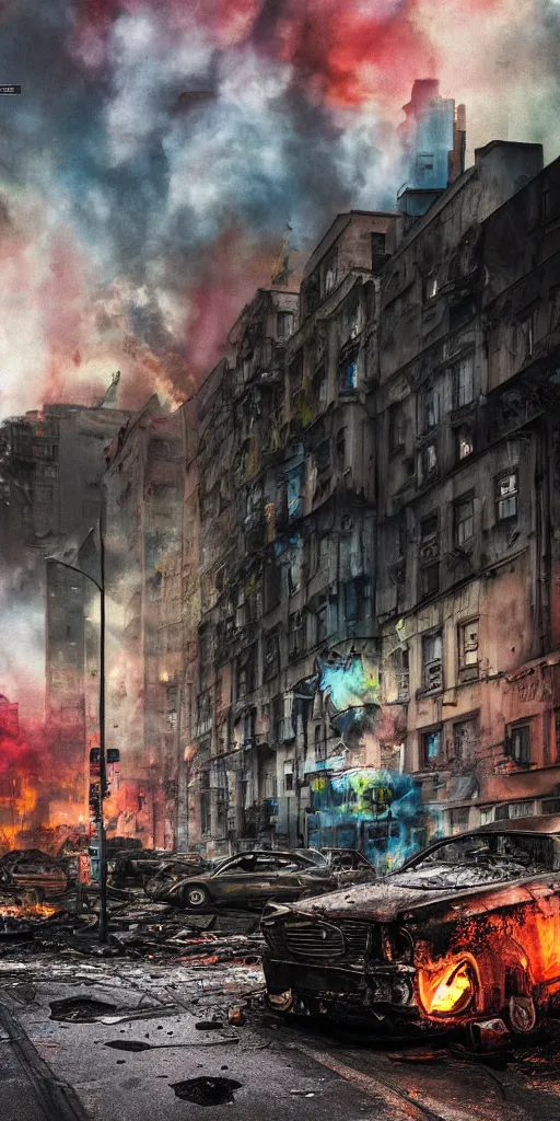 Image similar to post - apocalyptic kreuzberg streets, burned cars, explosions, colorful smoke, hyperrealistic, gritty, damaged, dark, urban photography, photorealistic, high details