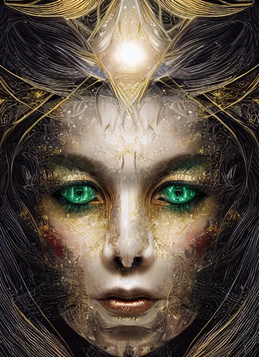 Image similar to glowing silver and golden elements, full close-up portrait, vector dark witch from unsplash, book cover, green forest, white moon, red lips, establishing shot, extremly high detail, photo-realistic, cinematic lighting, pen and ink, intricate line drawings, by Yoshitaka Amano, Ruan Jia, Kentaro Miura, Artgerm, post processed, concept art, artstation, matte painting, style by eddie mendoza, raphael lacoste, alex ross