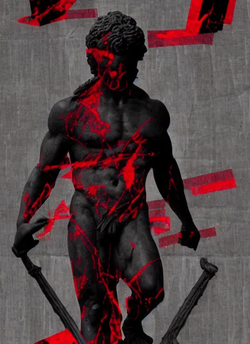 Prompt: dark design poster showing a statue of hercules, black background with very subtle red purple design elements, powerful, nekro, vito acconci, thin straight lines, dark, glitch art, neo vaporwave, gritty, layout frame, square, trending on artstation