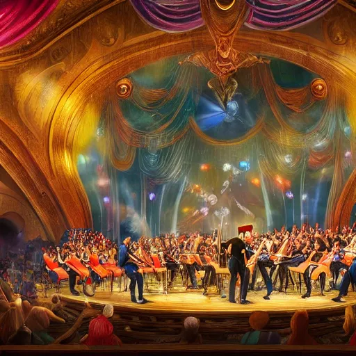 Prompt: stunning painting of the classical concert,musical,chef and his orchestra, excited people, highly detailed, sharp focus, colorful visual effects, secret subliminal message of the peace by futuristic concept art, awarded, masterpiece, unreal engine 5, 8K HD Resolution, High quality image