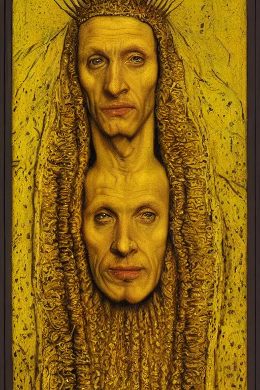 Prompt: portrait of hastur king in yellow, oil painting by jan van eyck, northern renaissance art, oil on canvas, wet - on - wet technique, realistic, expressive emotions, intricate textures, illusionistic detail