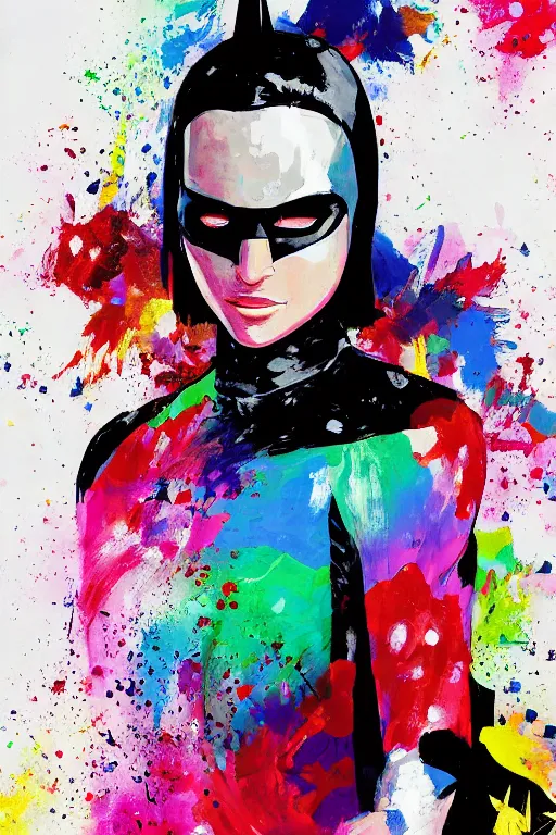 Prompt: maximalist splatter paint of natalie portman cosplaying as batman, portrait, gapmoe yandere grimdark, trending on pixiv fanbox, painted by makoto shinkai takashi takeuchi studio ghibli, akihiko yoshida