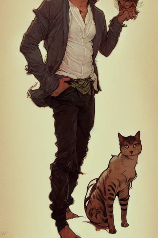 Image similar to full body portrait of a single beautiful young fit man, modern haircut, open shirt, large pants, holding a kitty in his arms, by greg rutkowski and alphonse mucha, d & d character, in front of a modern room background, highly detailed portrait, digital painting, artstation, concept art, smooth, sharp focus ilustration, artstation hq