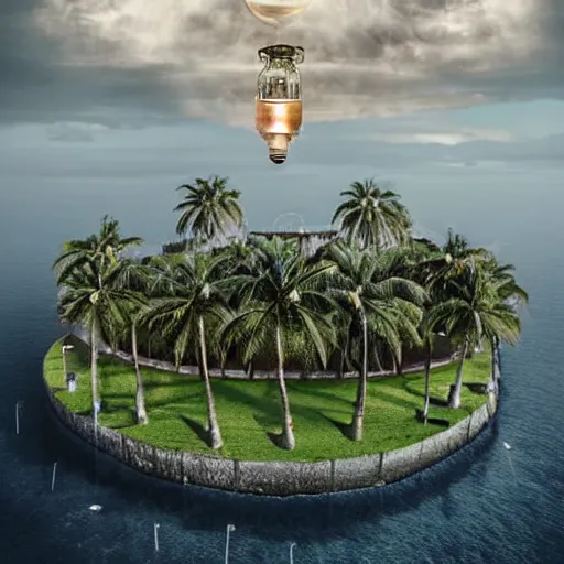 Prompt: a castle surrounded by giant palm trees on a giant floating island in the sky, giant light realistic light bulb glowing in the sky, cinematic, digital art by erik johansson, 8 k resolution, hyper detailed, sharp focus