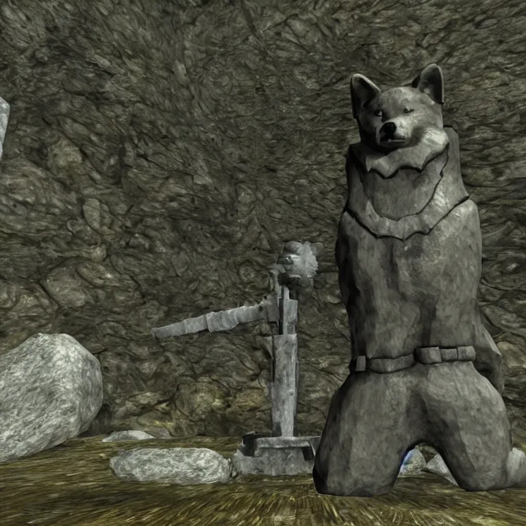 Image similar to a stone shiba inu statue guarding a draugr tomb in skyrim