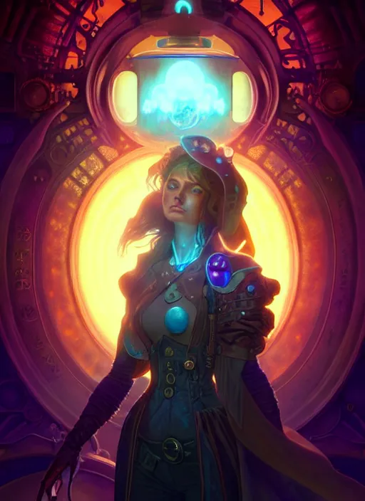 Prompt: a steampunk faceless glowing liquefied stardust adventurer, dnd fantasy character, full body portrait, glowing neon skin, magical aura, ultra realistic, intricate, elegant, highly detailed, digital painting, artstation, smooth, sharp, focus, illustration, art by artgerm and greg rutkowski and alphonse mucha and dan mumford, sacred geometry