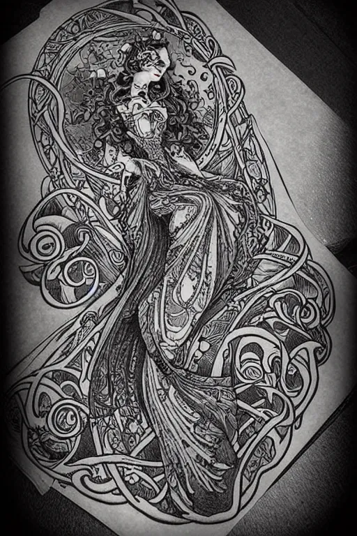 Prompt: tattoo design, art nouveau, heavy black ink, highly detailed, by Joe Fenton