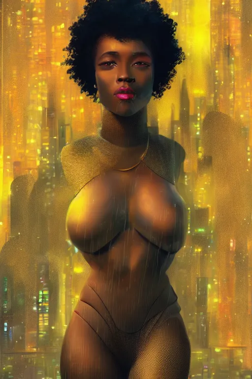 Image similar to a beautiful young Black woman, cyberpunk, Blade Runner city background, highly detailed, artstation, illustration, art by Gustav Klimt