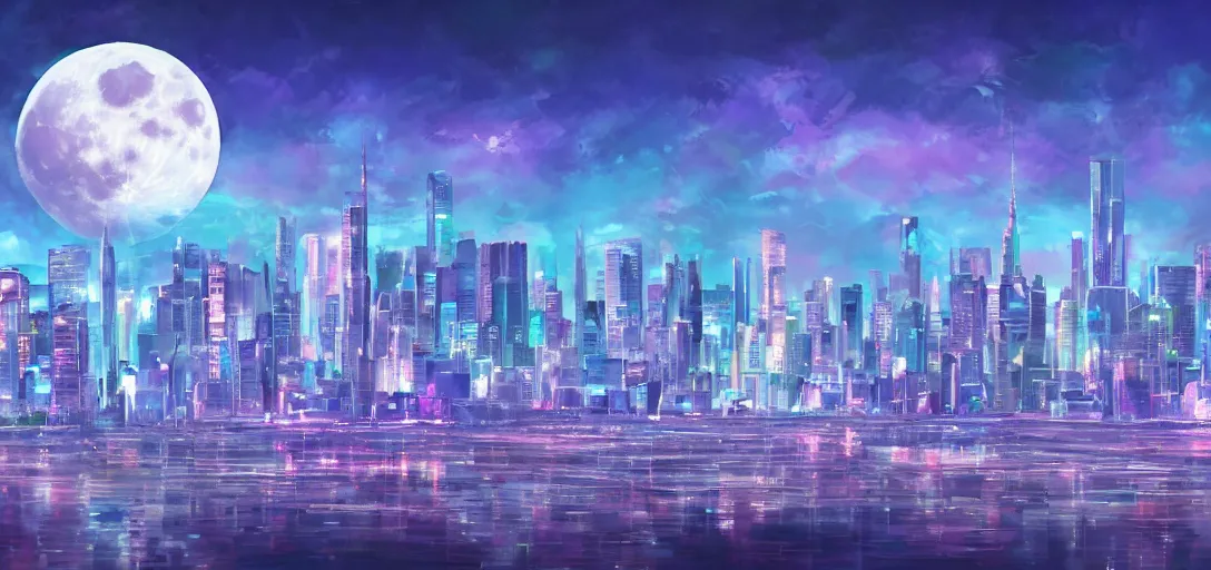 Prompt: The city of Crystal Tokyo from Sailor Moon, circa the year 2994, digital painting, large full moon in the distance, blue crystal