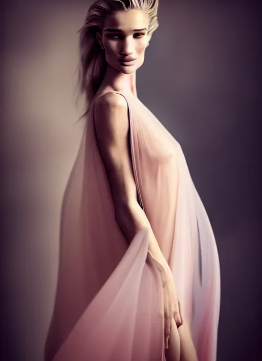 Prompt: portrait photography of a beautiful woman, in fine art photography style of Giovanni Gastel , rosie huntington whitely style 3/4 , natural color skin pointed in rose, hair stormy clouds, full body dressed with a ethereal transparent voile dress, elegrant, 8K, soft focus, melanchonic soft light, volumetric dramatic lighting, highly detailed Realistic, hyper Refined, Highly Detailed, natural point rose', outdoor soft lighting, soft dramatic lighting colors scheme, soft blur lighting, fine art fashion photography