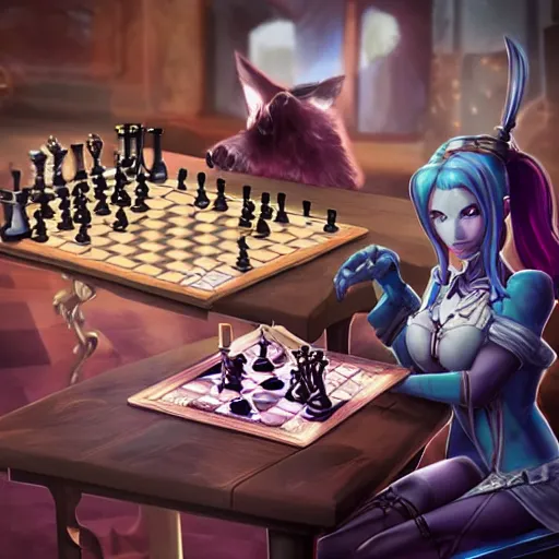 Image similar to Jinx (from Arcane) sitting by a table playing chess