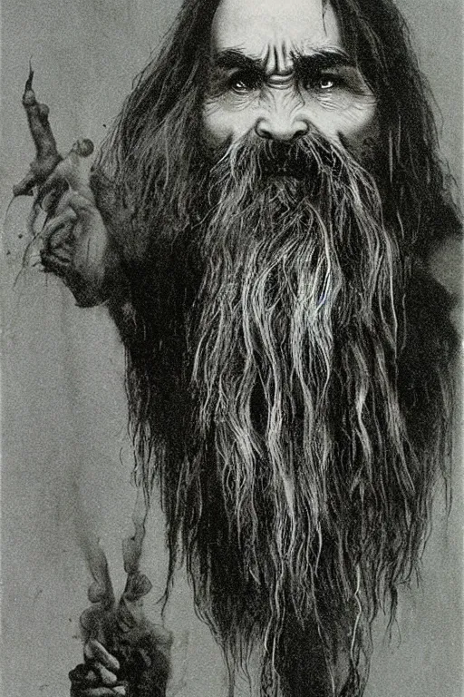 Image similar to magic the gathering card depicting charles manson, by zdzislaw beksinski, swamp, black