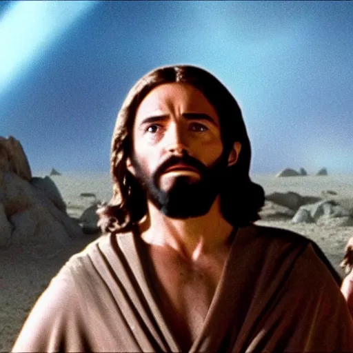 Image similar to a film still of jesus ( from the bible ) in star wars 1 9 7 7, realistic, photorealistic