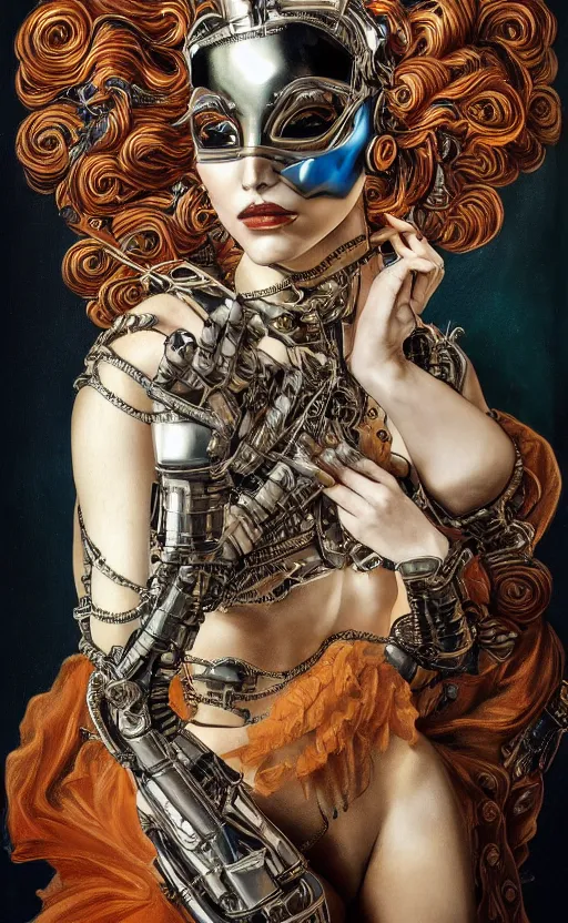 Prompt: the masked cyborg queen, elegant, fashion, vogue poses, striking composition, highly detailed ornate sci fi background, vivid details, amalgamation of nature and technology, wires, glowing tubes, beautiful composition, painting in the style of sandro botticelli, caravaggio, albrecth durer, 8k