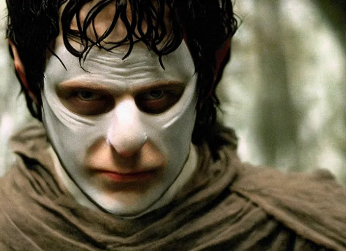 Image similar to white man with black fabric mask, short dark hair, true anatomy!, photorealistic, film still, style of lord of the ring by peter jackson - h 7 6 8