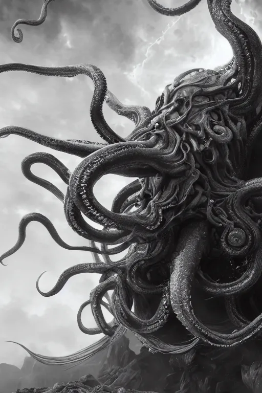 Image similar to giant ancient alien tentacles artwork by yoshitaka amano, black and white, detailed background, extremely detailed, octane rendering, sharp focus, volumetric light, particles, unreal engine 5, rtx