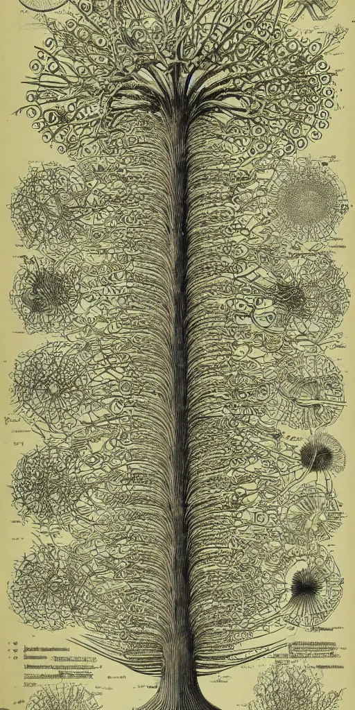 Image similar to Detailed Infographic Blueprint by Ernst Haeckel of a giant beautiful diatom tree