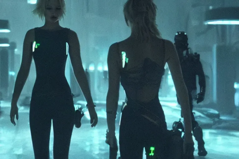 Image similar to jennifer lawrence in a cyberpunk outfit, sci-fi movie still, cinematic lighting
