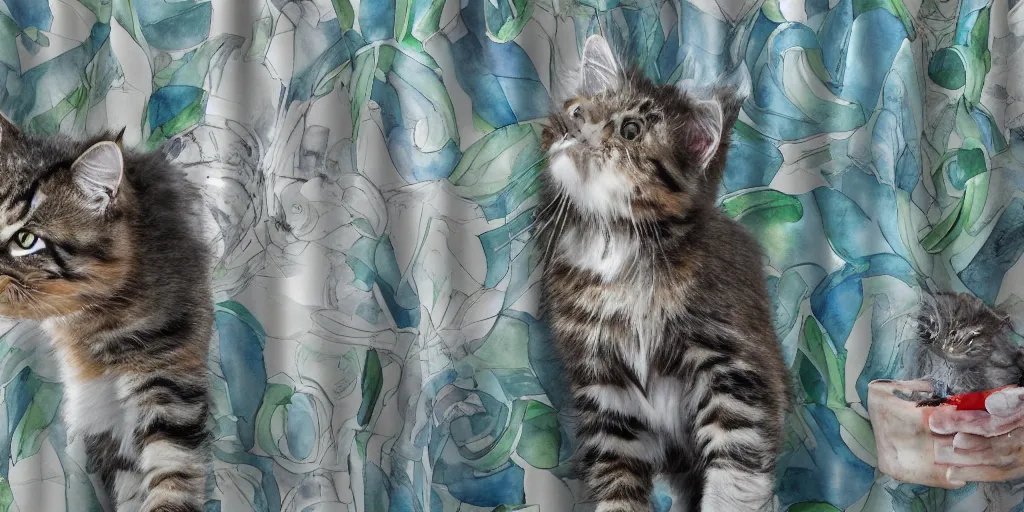 Image similar to shower curtain product catalog. on the curtain is a watercolor with ink under drawing of a cat toy being chased by a maine coon kitten. wide - angle product photography, product lighting. 4 k, highly detailed. saturated.