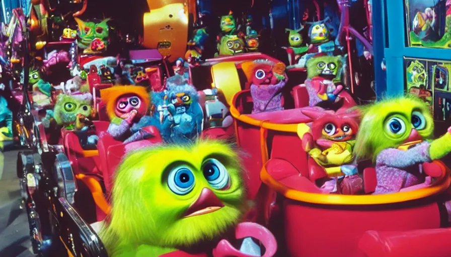 Image similar to 1990s photo of inside the Furby ride at Universal Studios in Orlando, Florida, children riding in a Furby through Furby world, cinematic, UHD