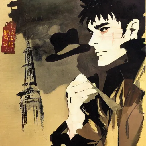 Prompt: a portrait of corto maltese dreaming about the forbidden city of valparaiso and the tango dancer he met there, oil on canvas by dave mckean and yoji shinkawa