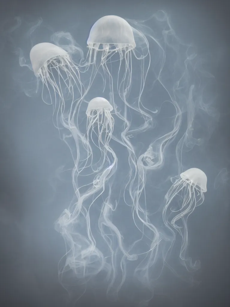 Image similar to cute fumo plush beautiful ectoplasmic gothic skeletal jellyfish ghost twins, glowing milky wisps of hazy smoke and volumetric fog, lens flare, subsurface scattering, vignette, asymmetry, bokeh, refraction, vray