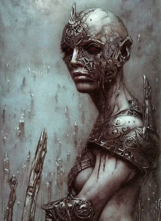 Prompt: bald barbarian girl by Beksinski and Luis Royo